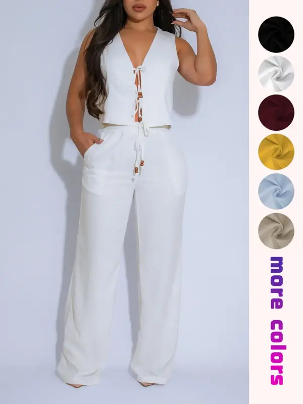 Women's Solid Tank Top & Wide Leg Pants Two-piece Set, Casual Comfy Outfits for Daily Wear, Ladies Summer Clothes