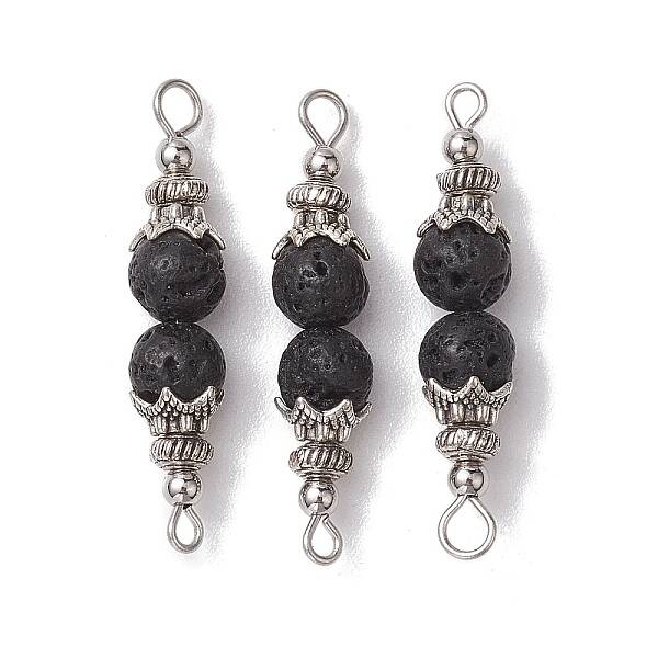 Natural Lava Rock Round Beaded Connector Charms