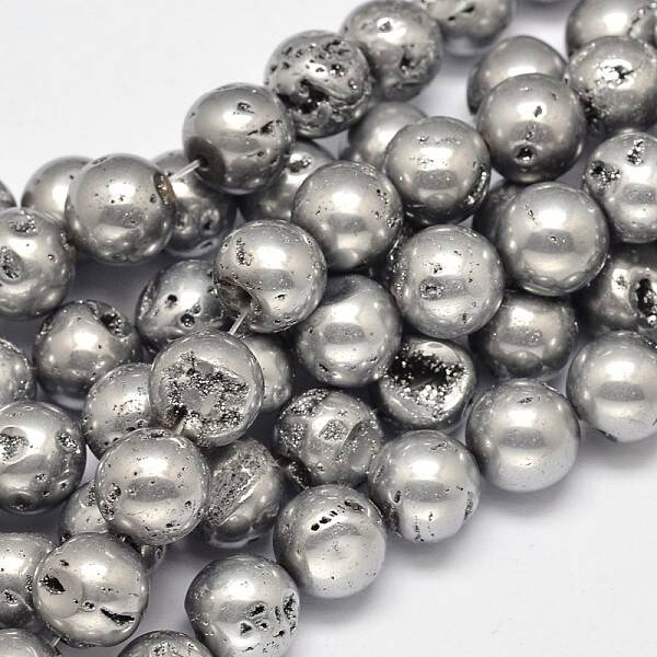 Round Electroplated Natural Druzy Geode Quartz Crystal Beads Strands
