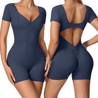 OEAK V Neck Short Sleeve Jumpsuit Women Yoga Rompers Workout Sexy V Waist Scrunch Tummy Control Bodycon Scrunch Butt Yoga Rom...