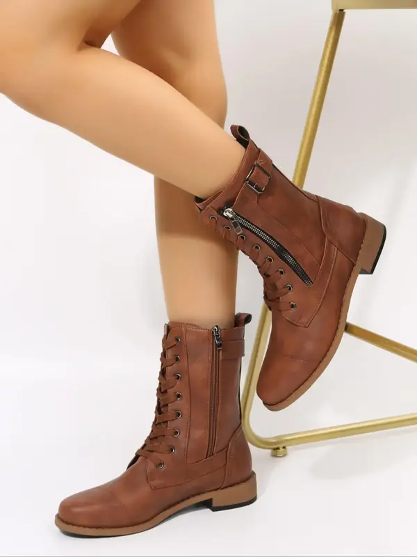 Women's 1 Pair Minimalist Round Toe Mid-calf Boots, Fashionable Side Zip Low Heel Combat Boots for Fall & Winter, Casual Plai...
