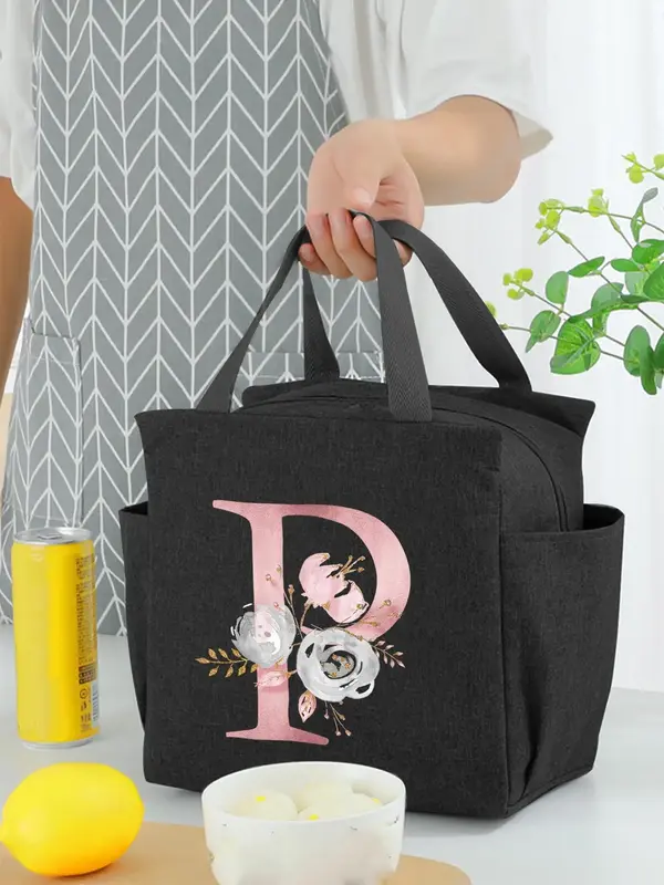 Floral & Letter Pattern Lunch Bag, Large Capacity Cooler Bag, Waterproof Student Bento Lunch Handbag, Portable Zipper Thermal...