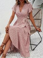 Women's Floral Print Wrap Dress, Elegant Fashion Casual V Neck Short Sleeve Dress for Daily Outdoor Wear, Women Dress for Sum...