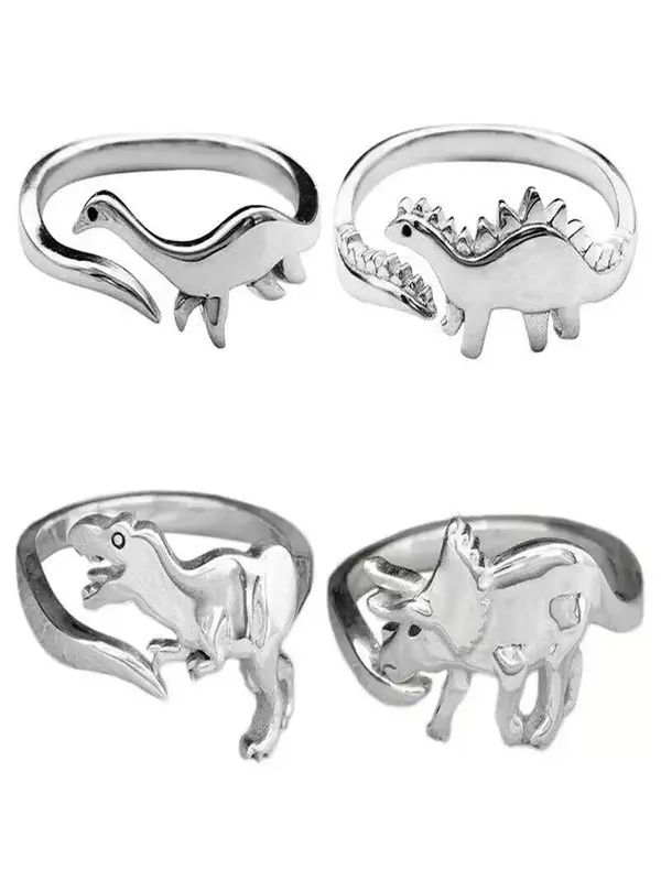4pcs Cute Dinosaur Design Cuff Ring For Daily Decoration, Animal Theme Alloy Ring For Boy & Girl, Fashion Accessories For Dai...