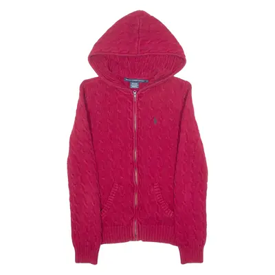 RALPH LAUREN Hooded Mens Jumper Red Cable Knit L
