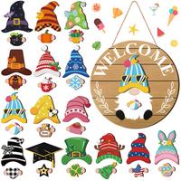 Interchangeable Wooden Gnome Decor Holiday Seasonal Gnome Decorations with 15 Magnet Pieces and 15 Detachable Hats Gnome Chan...