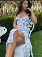 Women's Ditsy Floral Print Contrast Lace Side Split Bodycon Cami Dress, Boho Style Sleeveless Midi Dress for Beach Holiday Va...