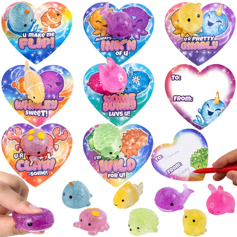 28 Pack Glitter Mochi squishy Toys with Kids Valentines Cards for Classroom Exchange 2025 Valentine Exchange Cards