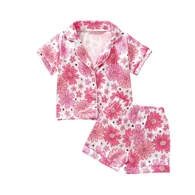 Toddler Baby Girls Summer Pajamas Cute Floral Print Short Sleeve Lapel Button Down Shirt Shorts Kids Satin Sleepwear