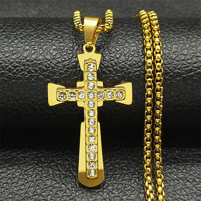304 Stainless Steel Crystal Rhinestone Religion Cross Pendant Necklaces