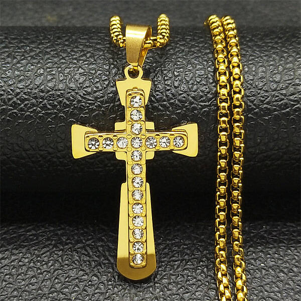 304 Stainless Steel Crystal Rhinestone Religion Cross Pendant Necklaces
