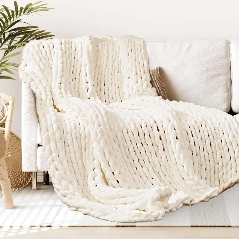 【Deals For You!】1 count,Touchat Chunky Knit Blanket Throw, White Crochet Chenille Throw Blanket, Handmade Cozy Cream Cabl...