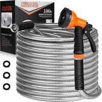 Garden Hose Metal 50FT Stainless Steel Garden Watering Hose Heavy Duty Water Hose With 10 Function Nozzle, No-Kink, Tough & F...