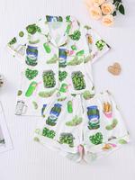 Women's Cucumber Print Short Sleeve Pajama Set, Casual Comfy Button Front Chest Pocket Design Lapel Neck Top & Elastic Waist ...