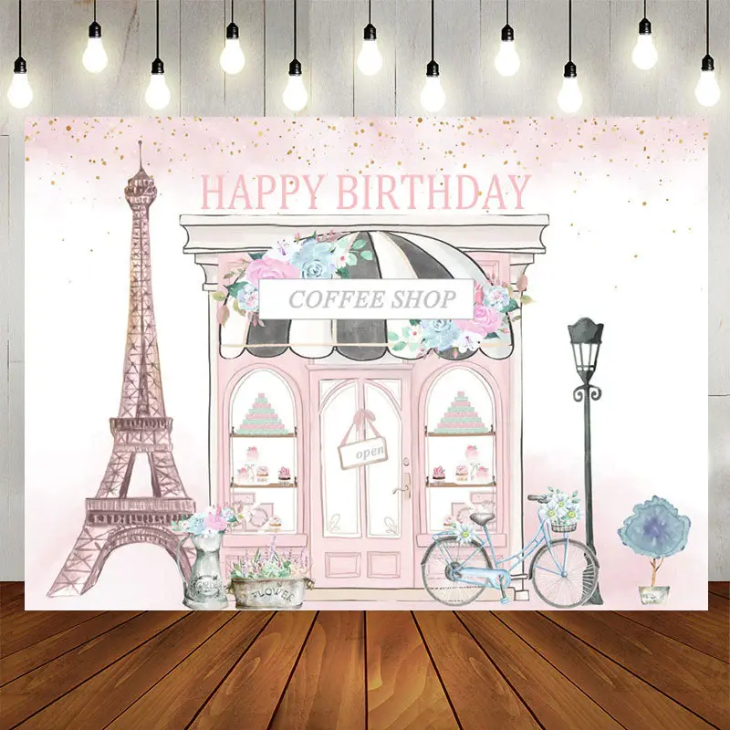 Aperturee Pink Coffee Shop Paris Street Birthday Backdrop