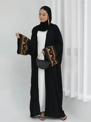 Women's Colorblock Patchwork Print Embroidery Abaya, Elegant Bat Sleeve Open Front Abaya for Daily Wear, Women's Islamic Clot...