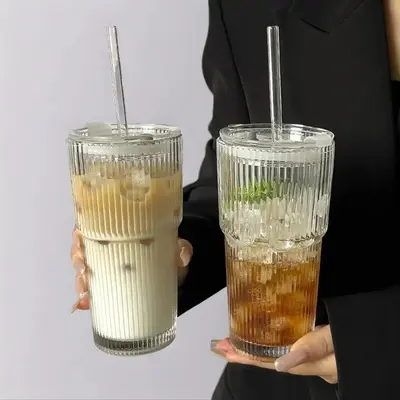 Glass Cup with Straw & Lid, 1 Count Portable Large Capacity Drinking Cup, Clear Glass Cup, Fashionable Drinkware for Home & O...