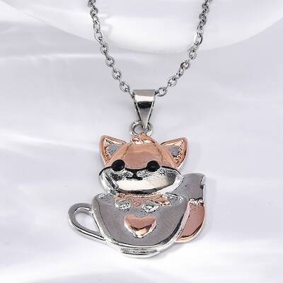 Brass Cute Cup Fox Pendant Cable Chain Necklaces for Women