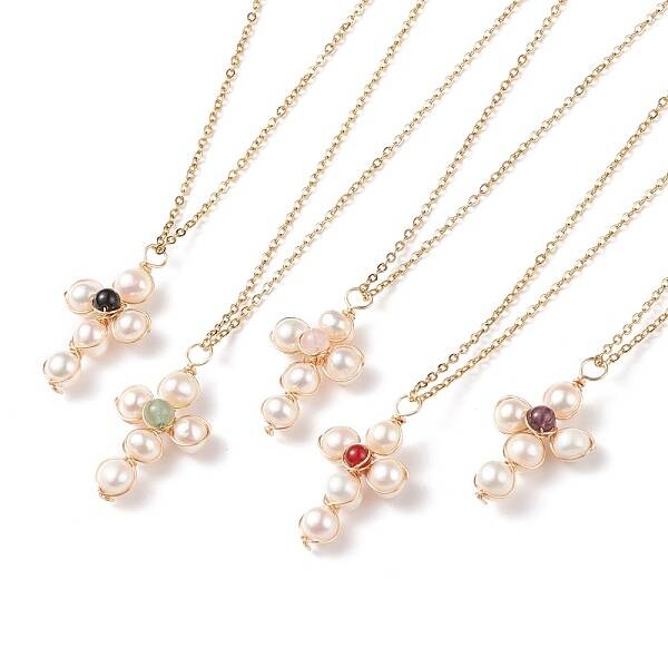 Natural Gemstone & Pearl Braided Cross Pendant Necklace
