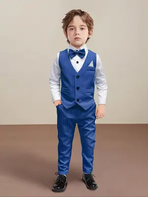 Boy's Plain Long Sleeve Shirt & V Neck Striped Print Button Front Vest & Striped Print Pocket Pants & Bow Tie Four-piece Set,...