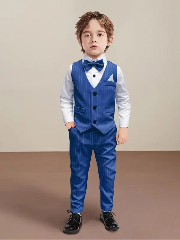 Boy's Plain Long Sleeve Shirt & V Neck Striped Print Button Front Vest & Striped Print Pocket Pants & Bow Tie Four-piece Set,...