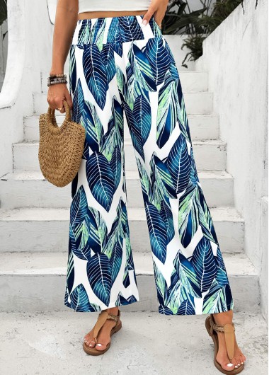 Modlily Peacock Blue Leaf Print Wide Leg Elastic Waist Pants - M