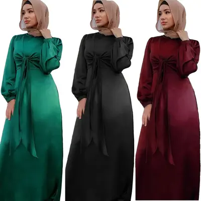 Rose Satin Ramadan Eid Mubarak Kaftan Dubai Abaya Turkey Muslim Women Hijab Fitted Long Sleeve High Waist Elegant Dress