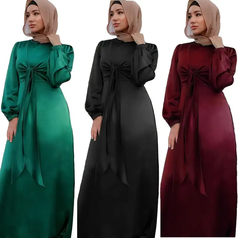 Rose Satin Ramadan Eid Mubarak Kaftan Dubai Abaya Turkey Muslim Women Hijab Fitted Long Sleeve High Waist Elegant Dress