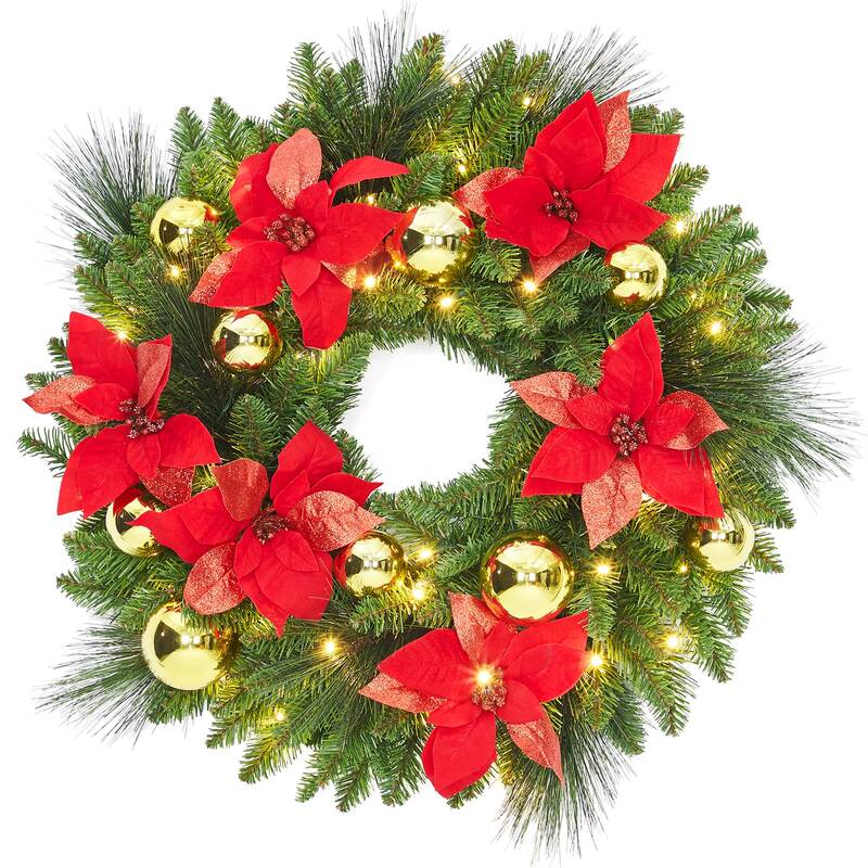 Garvee 24 Artificial Christmas Wreath with 50 Warm LED Lights, Frosted Pine Cones & Berries, Flame-Retardant, Pre-Lit, Indoo...