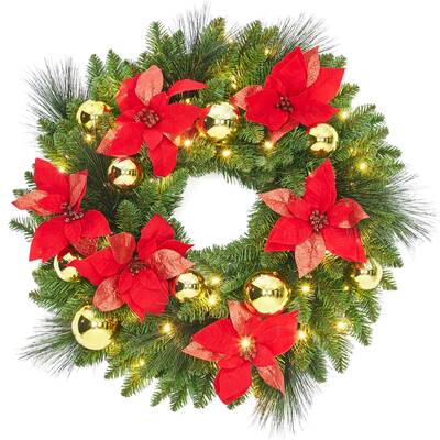 Garvee 24 Artificial Christmas Wreath with 50 Warm LED Lights, Frosted Pine Cones & Berries, Flame-Retardant, Pre-Lit, Indo...