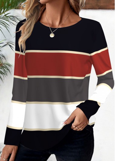 Modlily Deep Red Striped Long Sleeve Round Neck T Shirt - XL