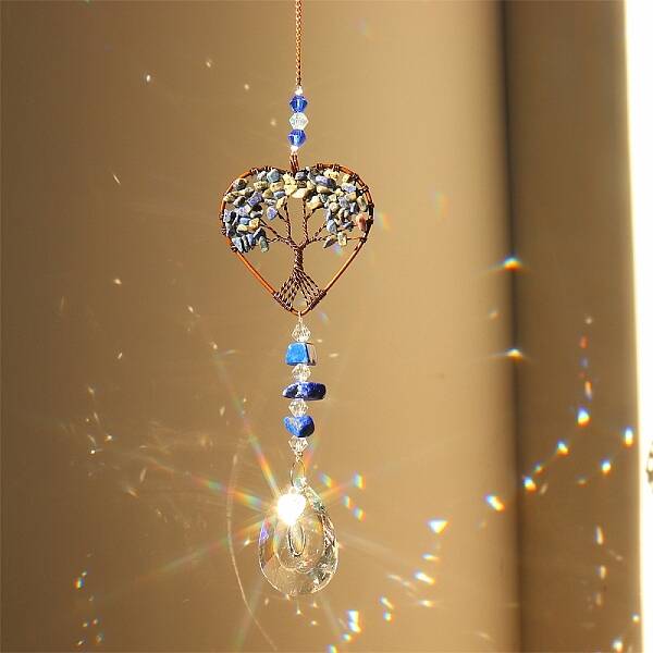 Natural Lapis Lazuli Chip Wrapped Heart with Tree of Life Hanging Ornaments