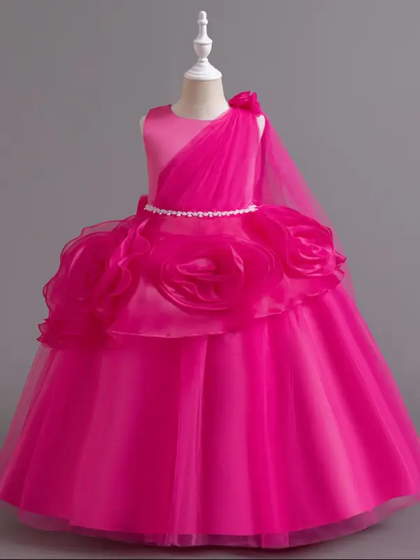 Girl's Faux Pearls & Floral Decor Streamer Design Tiered Layer Hem Tulle Formal Dress, Elegant Sleeveless Zipper Back Round N...