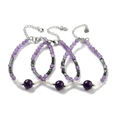 Natural Amethyst Round & Synthetic Non-magnetic Hematite & White Shell Beaded Bracelets for Women