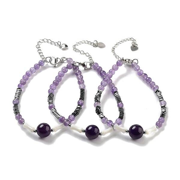 Natural Amethyst Round & Synthetic Non-magnetic Hematite & White Shell Beaded Bracelets for Women