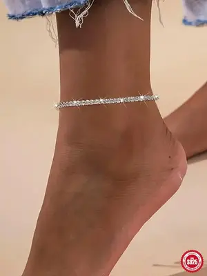 S925 Sterling Silver Summer Glitter Rhinestone Decor Anklet, Trendy All-match & Exquisite Foot Jewelry for Women & Girls for...