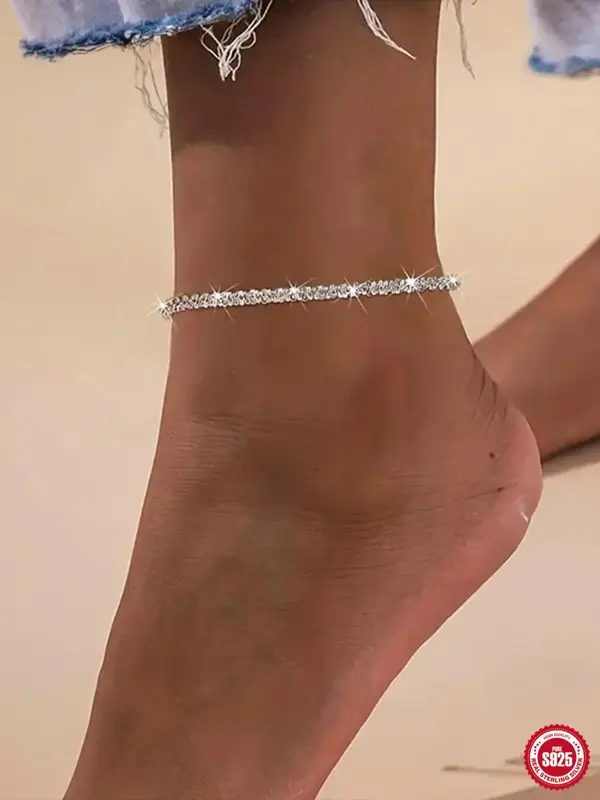 S925 Sterling Silver Summer Glitter Rhinestone Decor Anklet, Trendy All-match & Exquisite Foot Jewelry for Women & Girls for...