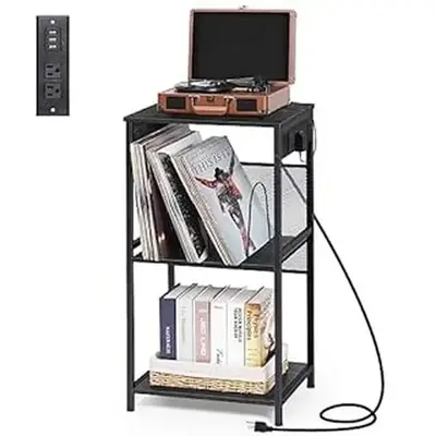 Record Player Table with Charging Station, 3-Tier Record Player Stand, Vinyl Record Storage Cabinet Turntable Stand with Reco...