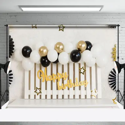 White Black Balloons Birthday Cake Smash Backdrop - Aperturee