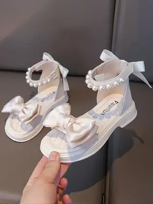 Kids Bow Decorated Sandals, Elegant Pearl Decorated Sandals for Party, Daily Wear, Fashionable Shoes for Girls
