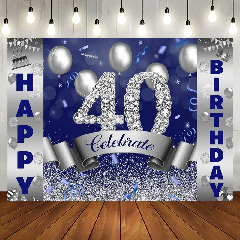 Celebrate Silver Navy Blue 40th Birthday Backdrop - Aperturee