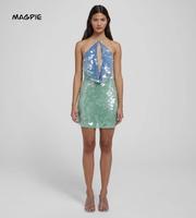 Women’s Sequin Blue and Teal Halter Neck Dress, Cowl Neck Backless Mini Dress for Summer Parties