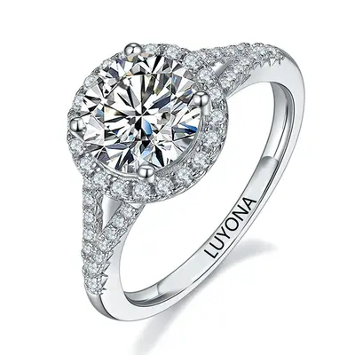 Sterling Silver with Rose Gold Plated Round Shaped Moissanite Personalized Engraving & Circle Engagement Ring