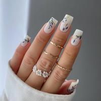 Leaf Pattern Fake Nails with 1 Nail File & 1 Sticker Sheet, 24pcs Medium Square False Nails for Women & Girls DIY Nail Art, E...