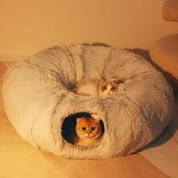 Winter Warm Pet Bed, 2 in 1 Foldable Cat Tunnel Cat Bed, Warm Plush Cat Bed with Hanging Ball & Tunnel Buckle, Circle Bed, Pe...