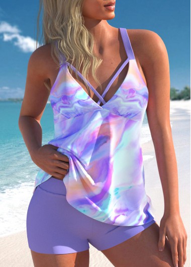 Modlily Criss Cross Mid Waisted Ombre Light Purple Tankini Set - L