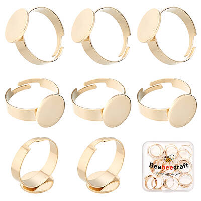 Beebeecraft 20Pcs/Box 24K Gold Plated Ring Blanks 12mm Flat Ring Base Blank Finger Rings Base Settings for DIY Rings Making C...