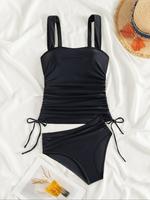 Women's Solid Color Tankini Set, Casual Adjustable Wide Shoulder Strap Swim Top & High Waist Swim Bottom, Two-piece Swimsuit ...