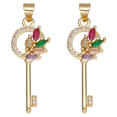 Beebeecraft 1 Box 6Pcs Key Charms 18K Gold Plated Cubic Zirconia Pendant Charms Colorful Skeleton Keys Charms for Jewellery M...
