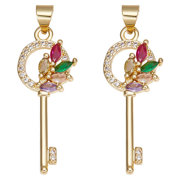 Beebeecraft 1 Box 6Pcs Key Charms 18K Gold Plated Cubic Zirconia Pendant Charms Colorful Skeleton Keys Charms for Jewellery M...